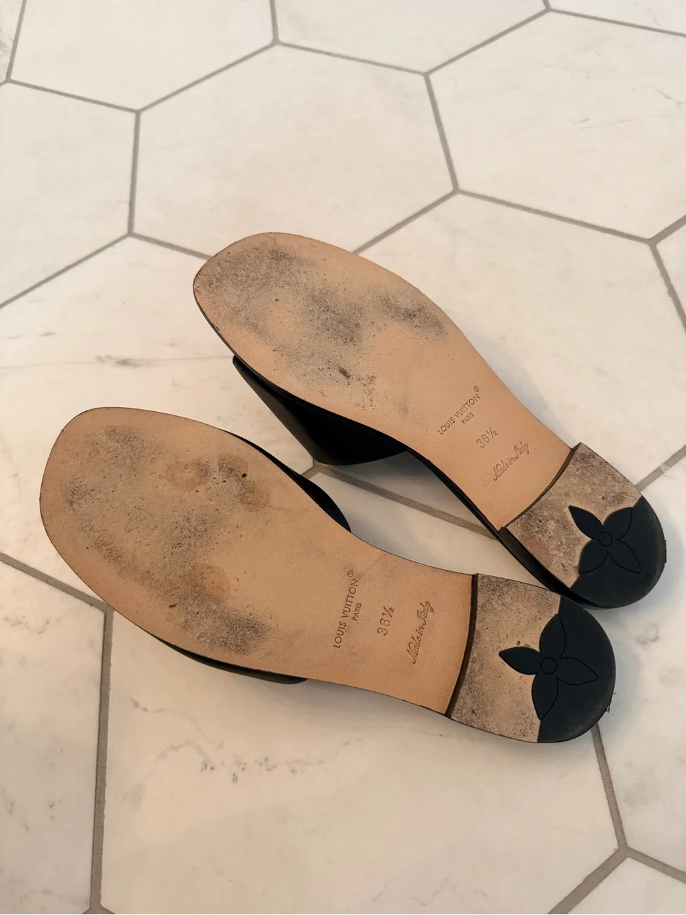 Louis Vuitton Black Open-Toe Slide Mules with Gold LV Hardware
